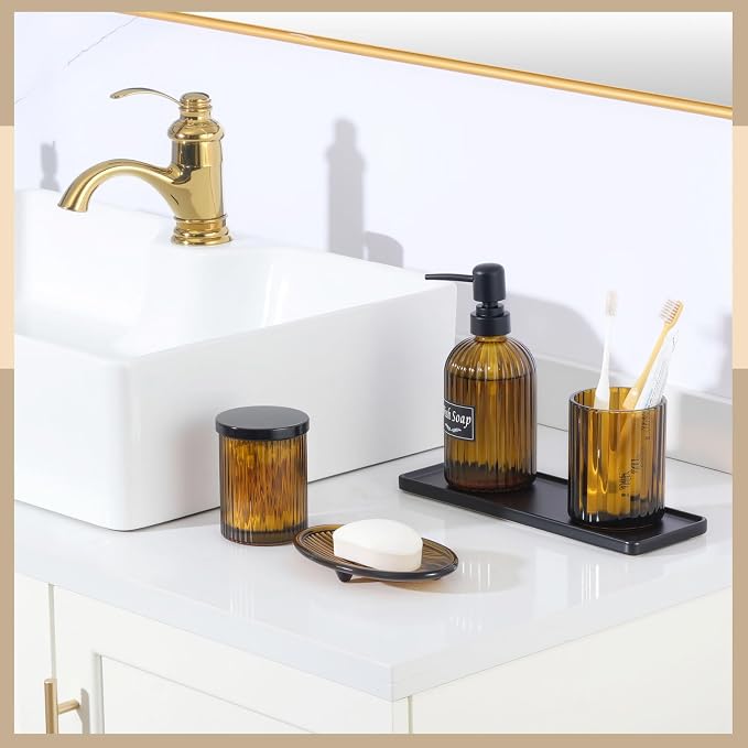 Shinowa Glass Bathroom Accessories Set, 5 Piece Luxury Bathroom Set with Soap Dispenser, Toothbrush Holder, Qtip Holder with Lid, Soap Dish & Tray, Modern Vanity Countertop Organizer, Brown + Black