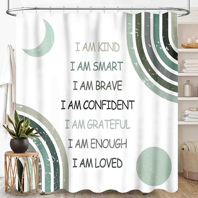 Rainbow Shower Curtain, Watercolor Rainbow Cartoon Abstract Circle Polka Dots Splashes Sage Green Cute for Girls Baby Kids Waterproof Fabric Bathroom Shower Curtain Set with Hooks, 72"x84" Inch