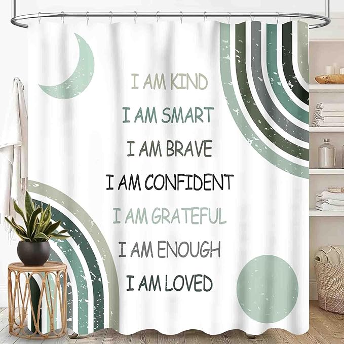 Rainbow Shower Curtain, Watercolor Rainbow Cartoon Abstract Circle Polka Dots Splashes Sage Green Cute for Girls Baby Kids Waterproof Fabric Bathroom Shower Curtain Set with Hooks, 72"x72" Inch