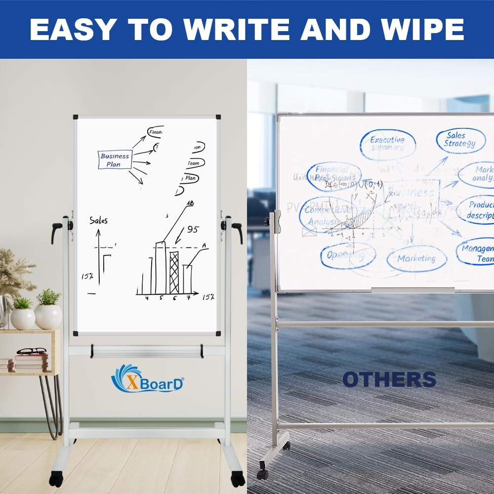 XBoard Double-Sided Magnetic Dry Erase Board - 44x30 Inch Mobile Whiteboard on Wheels