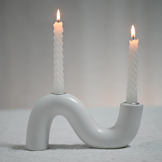 Ceramic Candle Holder, Modern Taper Candlestick Holder for Dining Table, Living Room Coffee Table, Candelabra for 2 Taper Candles-White