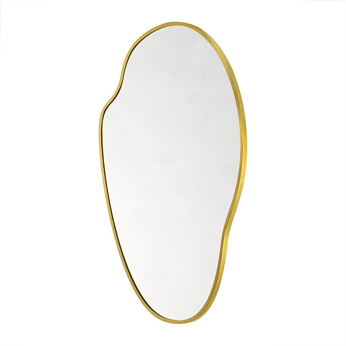 TOMACE Brushed Gold Asymmetrical Irregular Wall Mirror,22''x 34'' Unique Brass Frame Wall Mounted Mirror for Bathroom,Entryway,Nursery