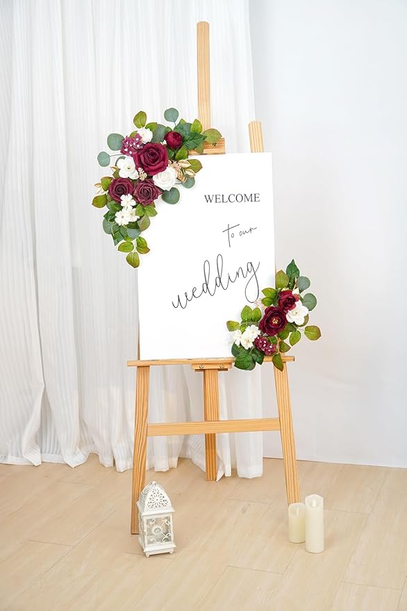 WEIERYUE(Pack of 2 Artificial Flowers Decorations,Artificial Arch Backdrop Garlandfor Ceremony Party Reception Entrance Welcome Easel Door Floral Decor Wall Home Entryway Outdoor(Wine red)