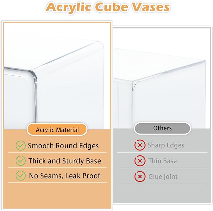 2 Pack Acrylic Cube Vases 5 X 5 Inch, Clear Square Vases, Shatterproof Flower Vase Decorative Centerpiece for Home, Wedding