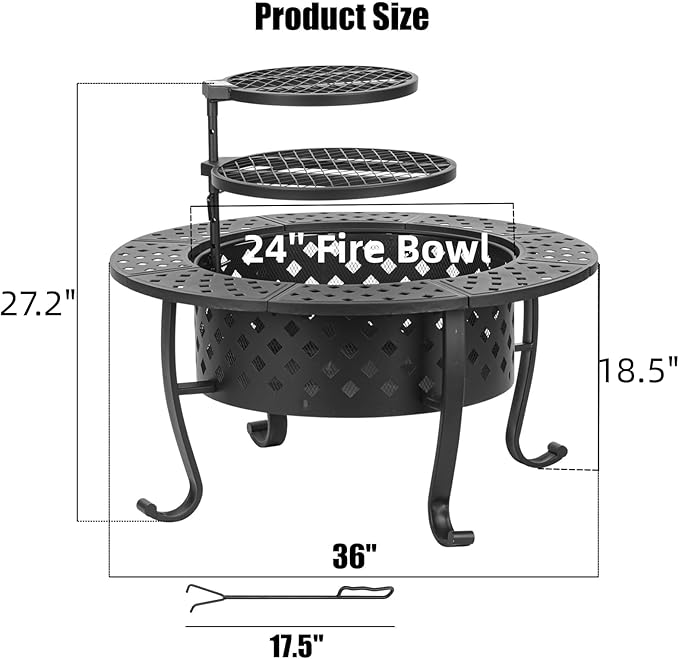 Panovue 36 Inch Fire Pit with 2 BBQ Grills, Wood Burning Fire Pits for Outside with Lid & Fire Poker, BBQ& Outdoor Firepit & Round Metal Table 3 in 1 for Patio, Picnic, Party