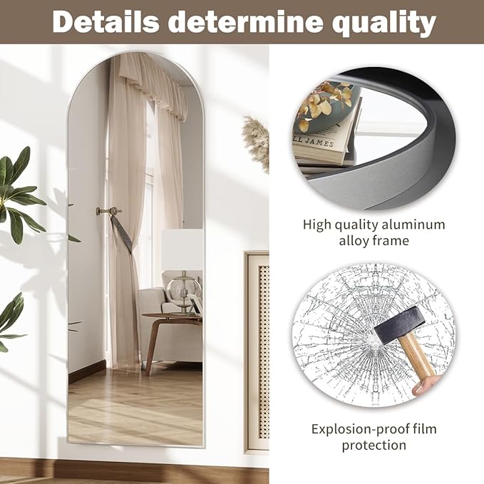 Dewfig Arched Full Length Mirror, 64''x21 Large Floor Mirror, Full Body Mirrors for Leaning or Hanging, Standing Mirrors for Bedroom, Living Room,Dressing Room, Aluminum Alloy Frame, Silver