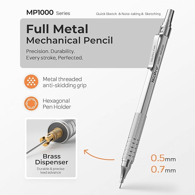 Nicpro 2 PCS Mechanical Pencil 0.5mm & 0.7 mm with Case, MP1000 Metal Artist Pencil Set with 4 Tubes HB Lead Refills, 2 Erasers, 9 Eraser Refills For Art Writing Drafting, Drawing, Sketch, Silver