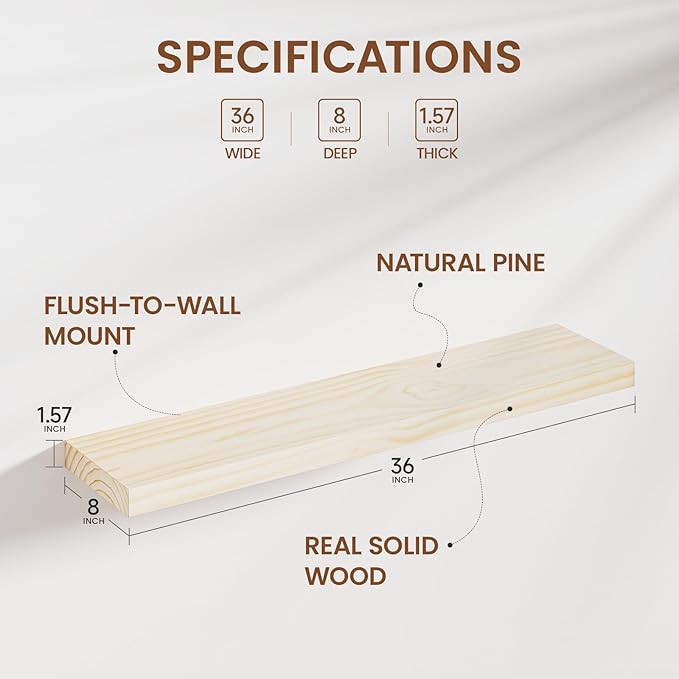 Heimlove Unfinished Wood Floating Shelves, Pine Shelves for Wall Set of 2, Wall Mounted Rustic Wood 8 Inch Deep Floating Shelf with Invisible Brackets for Bedroom Kitchen Living Room - Natural, 36x8