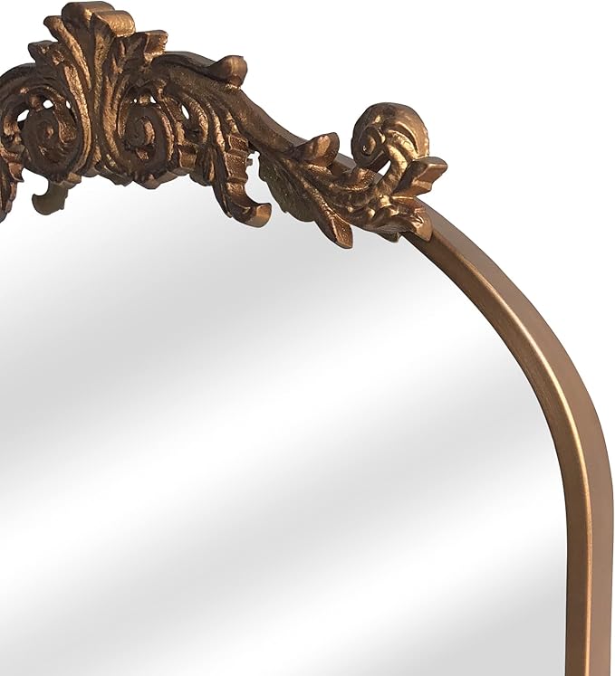 OUSHUAI Gold Traditional Vintage Ornate Baroque Mirror,Gold Brass Mirror for Wall,Victorian Antique Bronze Mirrors Arched for Bathroom/Living Room/Hallway/Fireplace 19"X27"