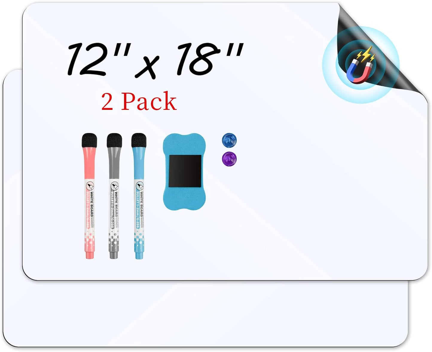 Skiennix Magnetic Whiteboard - 12”x18” Dry Erase Board for Kitchen Organizer | 2 Pack with Markers & Eraser