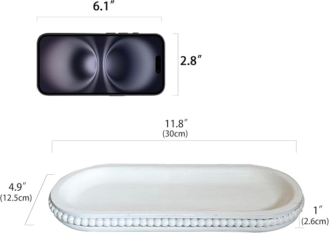 dwellington Wooden Farmhouse Decorative Tray, 12in Rustic Beaded Tray for Living Room Decor, Kitchen Table Décor, Oval Coffee Table Serving Tray (White)