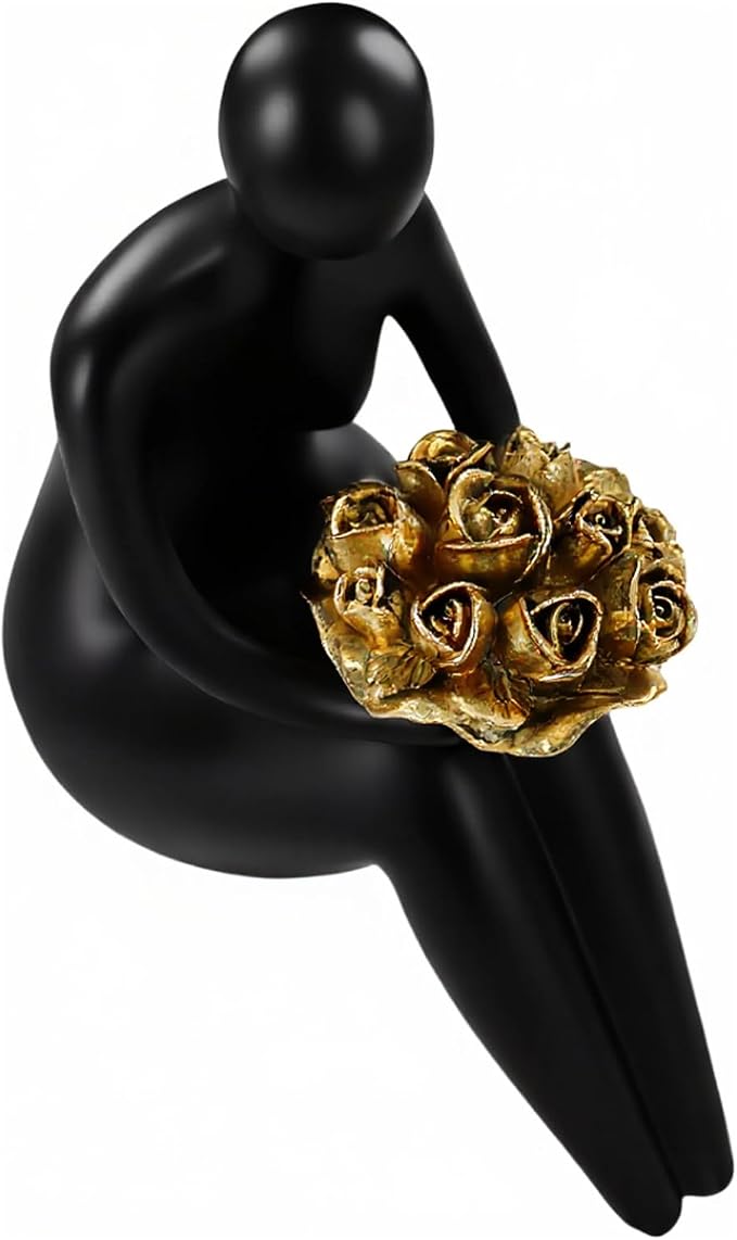 Lescafita Black Abstract Figure Statue with Golden Flowers, Modern Resin Sculpture, Minimalist Art Figurine for Home or Office Decor, Elegant Gift for Art Enthusiasts