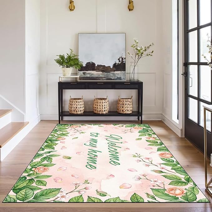 Welcome Rug Floral Area Rug for Entryway Bedroom Living Room Nursery Playroom Classroom Home Decor Pink Rose Green Leaf Carpet Non-Slip Washable Floor Mat,3'x5'