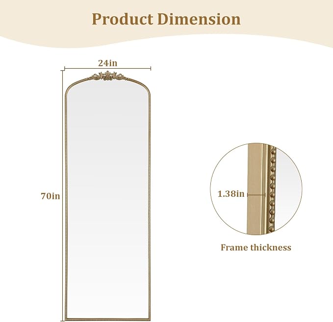WallBeyond Gold Vintage Full Length Mirror with Stand for Vanity 24x70 Inch, Gold Antique Mirror with Ornate Frame, Arched Vintage for Bathroom, Living Room, Bedroom, Entryway