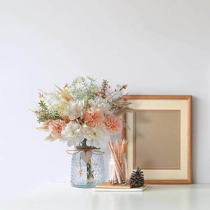 Silk Flowers with Vase, Artificial Flowers Arrangement with Glass Vase Faux Peony Hydrangea for Decoration Table Centerpiece (Peony White Pink)