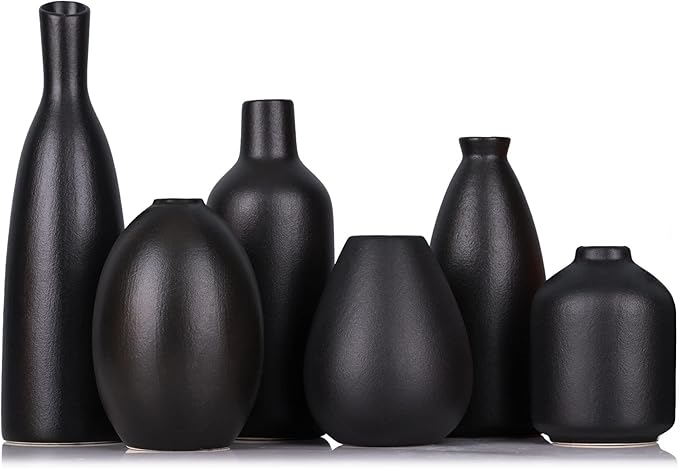 6 Pack Small Black Ceramic Bud Vases for Home Decor - Modern Boho Small Vases for Centerpieces in Bulk, Mini Flower Vases for Dry Flowers, Wedding, Table, and Party Decorations