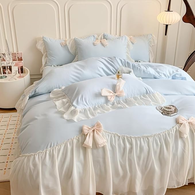 Chic Lace Bedding,Girls Twin Aesthetic Comforter Cover Set,Romantic French Princess Style Ruffled Duvet Cover with Lovely Bow with Zipper Closure-Blue,Twin
