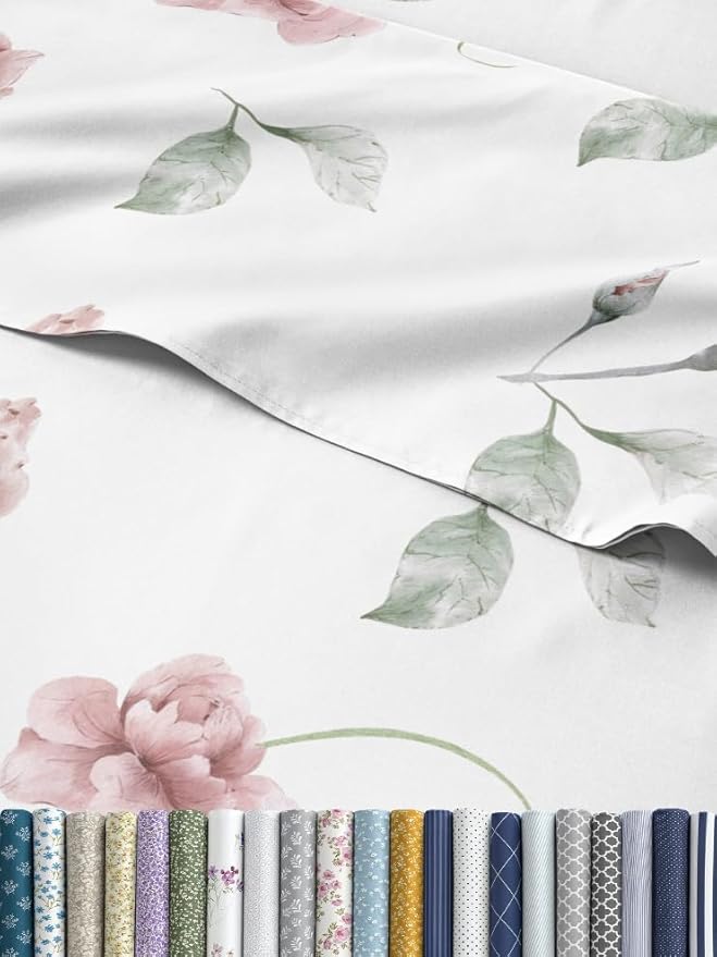 Floral Sheets - Floral Rose Bed Sheet Set - 1 Flat, 2 Fitted & 2 Pillowcases w/ Deep Pockets - Wrinkle & Fade Free - Boho Botanical Bedding - Ultra-Soft, Breathable and Cooling - Split King Size Set