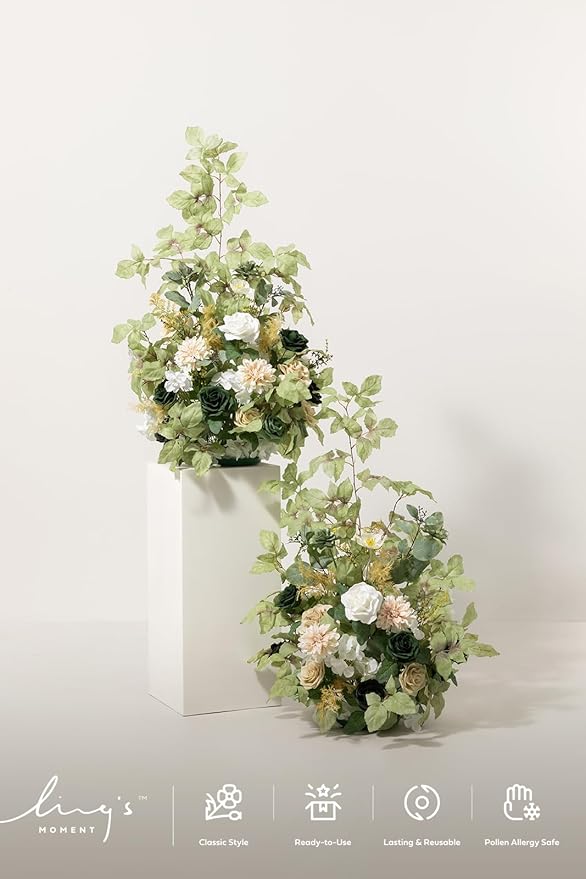 Ling's moment 41" Tall Free Standing Artificial Flowers Arrangements 2 pcs Wedding Arch Altar Stage Decorations Emerald & Tawny Beige Ceremony Reception Rose Fake Floral Party Centerpieces Decor