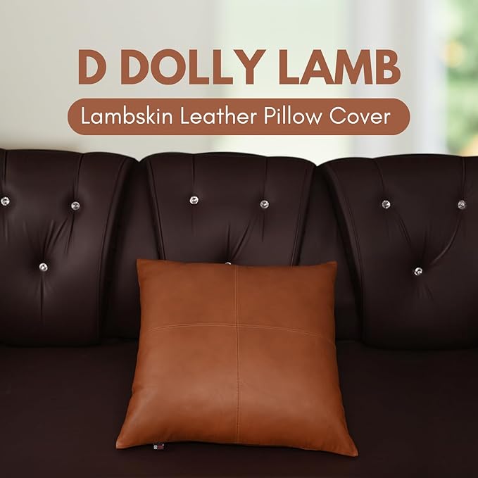D DOLLY LAMB Lambskin Leather Pillow Cover - Sofa Cushion Case - Decorative Throw Covers for Living Room & Bedroom, 22x22 Inches - Camel Antique Plain