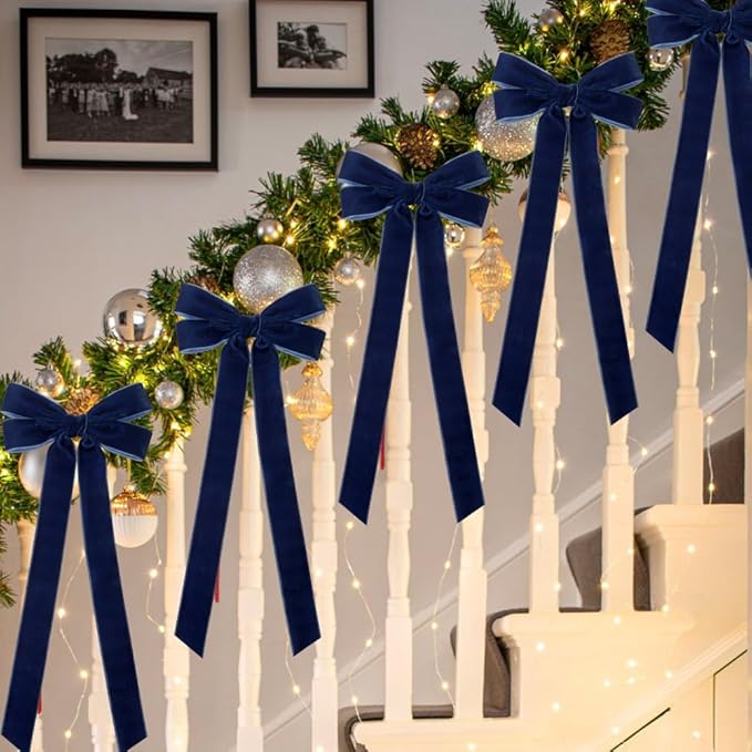 JOICEE 15Pcs Velvet Bows for Christmas Tree, Christmas Wreath Bows Rustic Crafts Gift Bows Velvet Vintage Ribbon Bows for Xmas Home Garland Decorations Holiday Outdoor Indoor Decor(Blue)