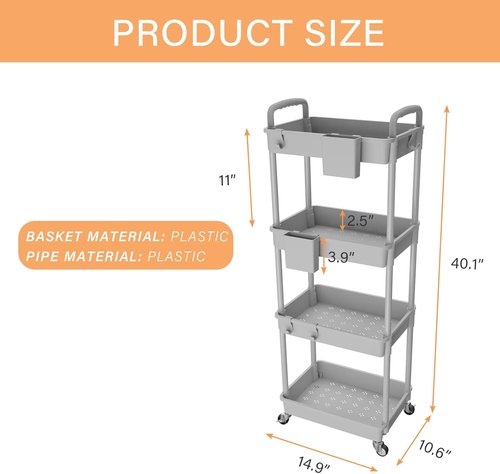 Rebecat 4-Tier Rolling Utility Cart - Multifunctional Storage Organizer for Kitchen, Bathroom, Office | Gray