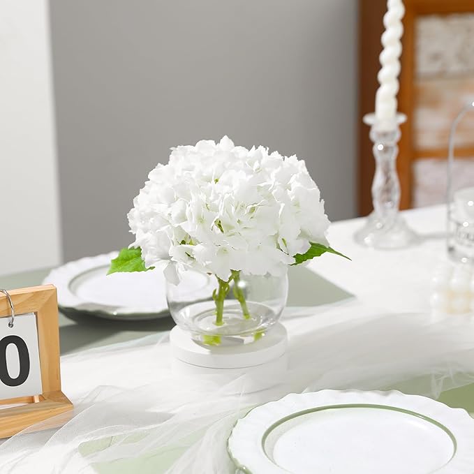 White Hydrangea Artificial Flower with Vase Fake Flower in Glass Vase with Faux Water for Home Bathroom Office Table Centerpiece Shelf Decorations Flowers