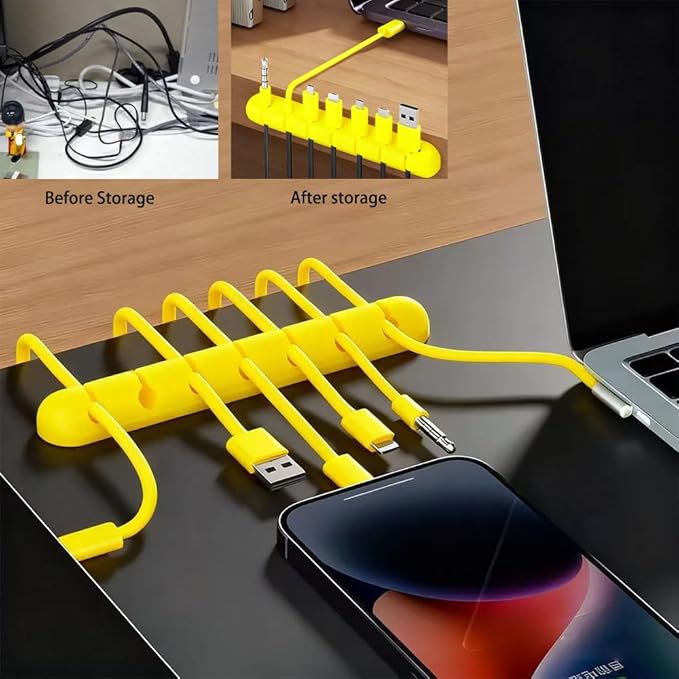 Cable Holder Clips，5 Packs Yellow Cable Management Cord Organizer Clips Silicone Self Adhesive for Desktop USB Charging Cable Nightstand Power Cord Mouse Cable Wire PC Office Home(7-5-3-2-1 Slots)
