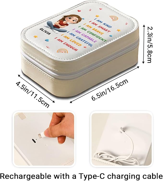 Wrappiness Girls & Women Lovely Makeup Box With LED Mirror - Personalized Jewelry Box Organizer Portable Ideal for Travel, Gift for Daughters Sisters Friends (Kind Smart Loved, Teen Girls)