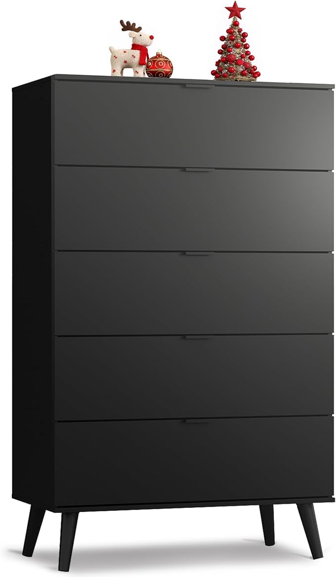 WLIVE 5 Drawer Dresser for Bedroom, Tall Wooden Dresser, Black Dressers Storage Organizer with Sturdy Metal Handle, Chest of Drawers for Living Room, Hallway, Closet