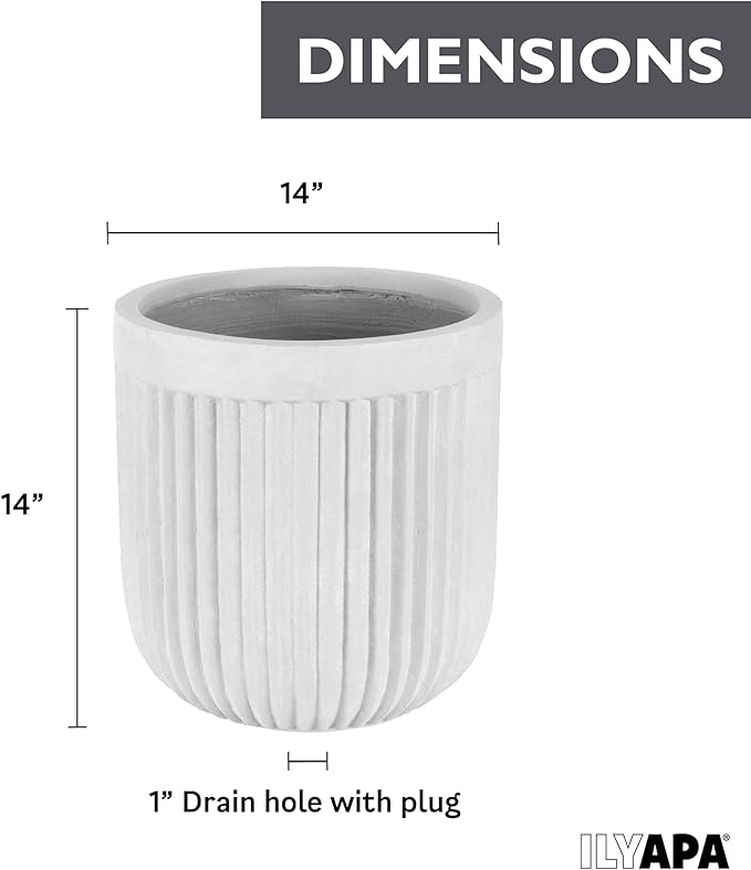 Ilyapa 14 Inch Large Fluted Modern Concrete Planter - 14x14 Inch Indoor Plant Pots with Drainage - Large White Planters for Indoor/Outdoor Use