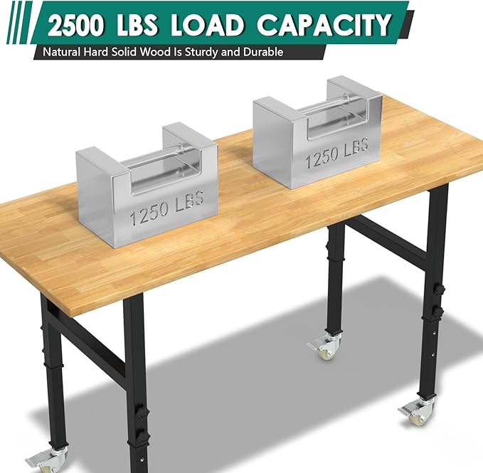 Adjustable Heavy Duty Workbench with Metal Wheels,Rubber Wood Top Working Table, 2500 LBS Load Capacity with for Workshop and Office,etc.