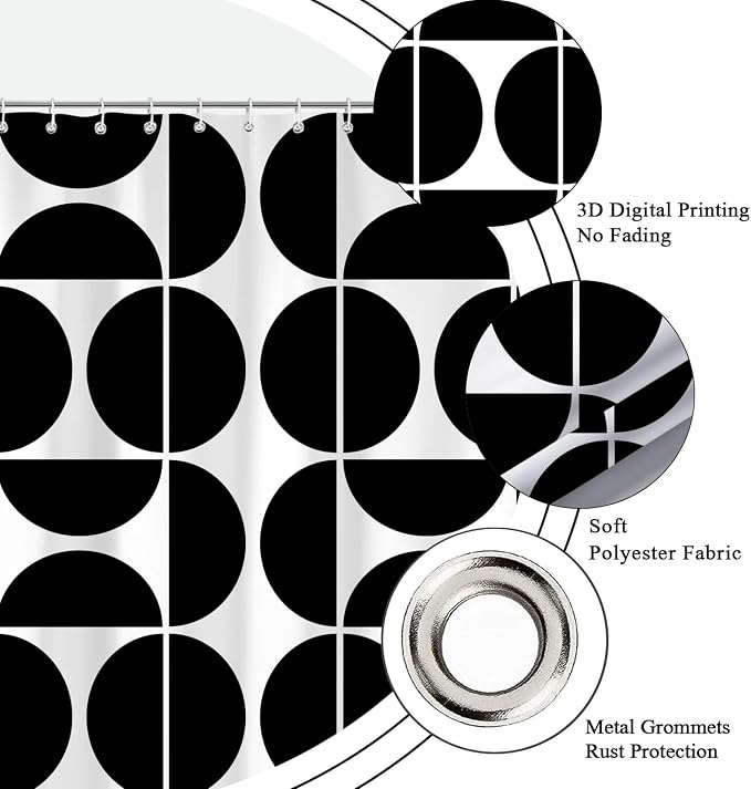 Black and White Mid Century Modern Shower Curtain, Boho Abstract Geometric Retro Art Bath Curtains For Bathroom, Colorful Unique Pattern Waterproof Polyester Fabric Bathroom Set 12 Hooks 72X84IN