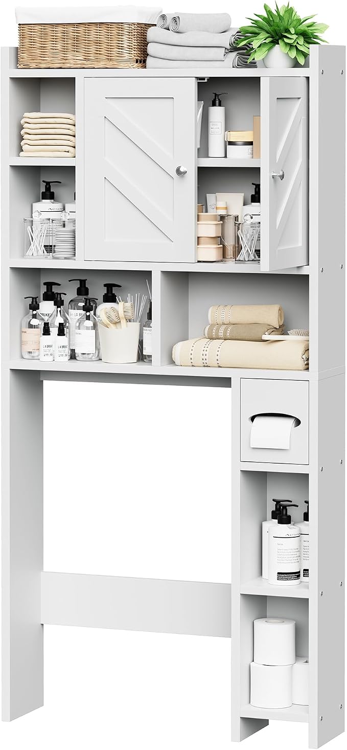 Over the Toilet Storage Cabinet, Freestanding Storage Cabinet Over Toilet, Bathroom Storages Organizer Cabinets with Toilet Paper Holder Stand and Adjustable Shelf, White