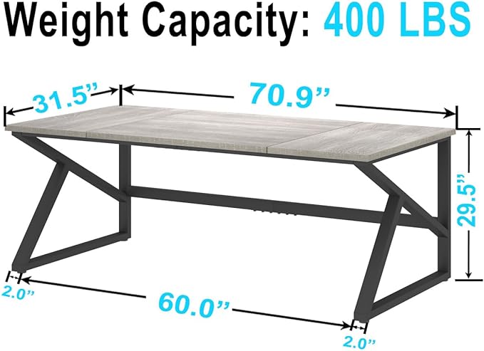IBF 70 Inch Large Home Office Desk, Industrial Long Executive Work Writing Study Computer Table, Farmhouse Big Metal Wood Double Desk for Bedroom Living Room, Rustic Dual Monitor Desk, Light Grey