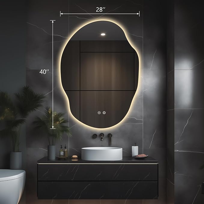 Asymmetrical LED Bathroom Mirror with Lights,Irregular Led Bathroom Vanity Mirror for Wall with Backlit, Anti Fog, 3 Colors and Dimmable Light,[Horizontal/Vertical] 40" H x 30" W