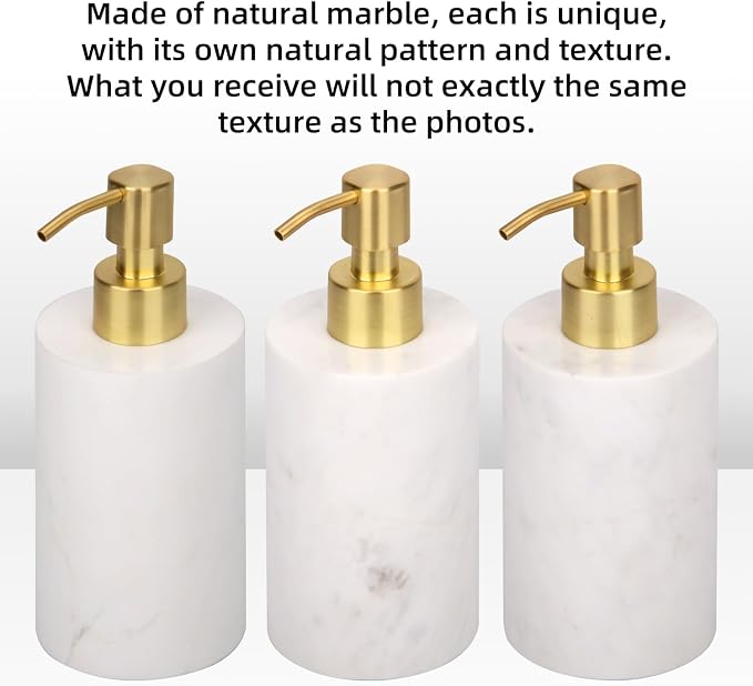Natural Marble Soap Dispenser for Bathroom and Kitchen Countertop - 5.41 Ounces Hand Lotion and Liquid Stone Shampoo Laundry Bottle with Pump (1, White, Cylindrical Bottle)
