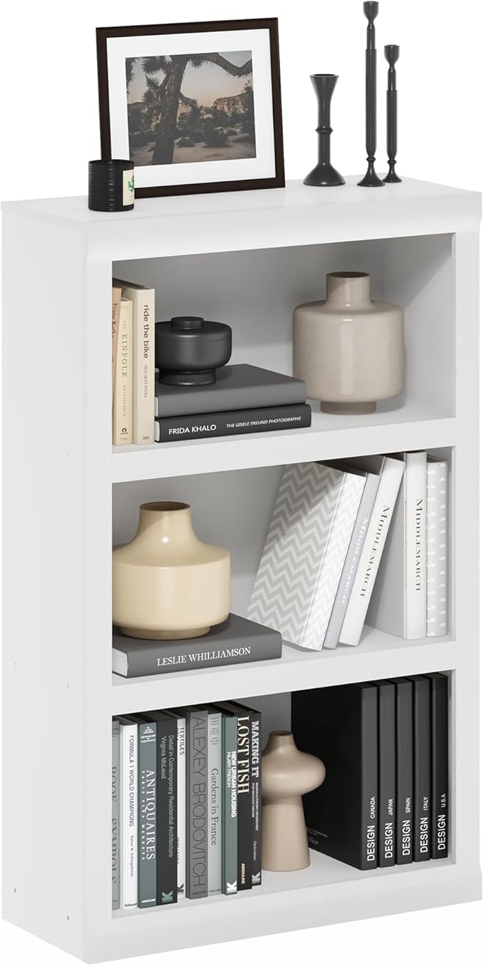 Furinno Rail Book Shelf, 3-Tier Bookshelf, Bookcase with Open Shelf, 10.1 x 24.6 x 39, for Living Room, Bedroom, Home Office, White