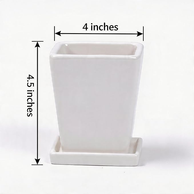 White Ceramic Plant Pots with Saucers, 4 Inch Square Succulent Planter Pots Set of 4, Modern Minimalist Small Flower Pots for Indoor Plants, Cactus, Herbs, Home Office Decor