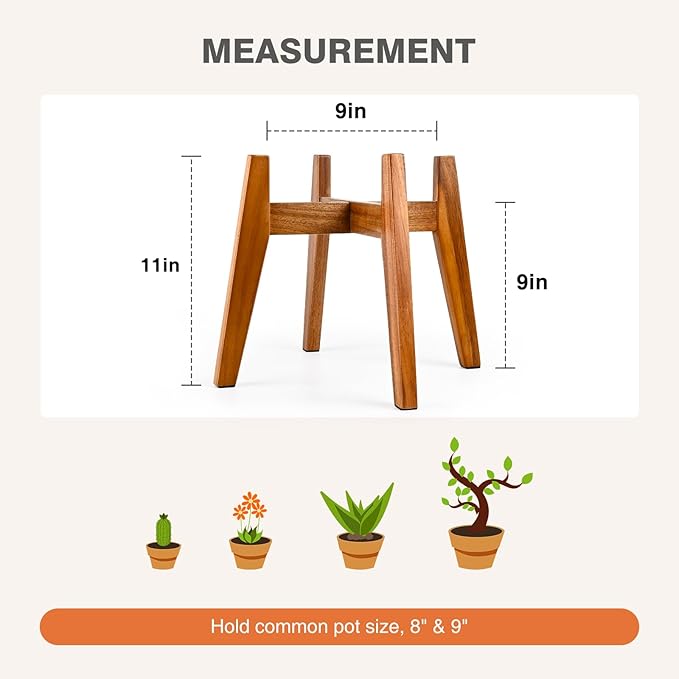 RAINBLELAND Acacia Wood Plant Stand for 9 Inch Pots, Mid Century Modern Indoor Plant Stand, Solid Hardwood, Non-Adjustable Flower Pot Holder for Home and Patio Décor