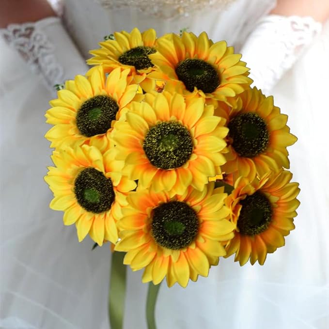Artificial Sunflowers Flowers 8pcs Single Long Stem Large Faux Silk Sunflower Flower Bouquets for Wedding Party Bulk Yellow Centerpieces Home Decor