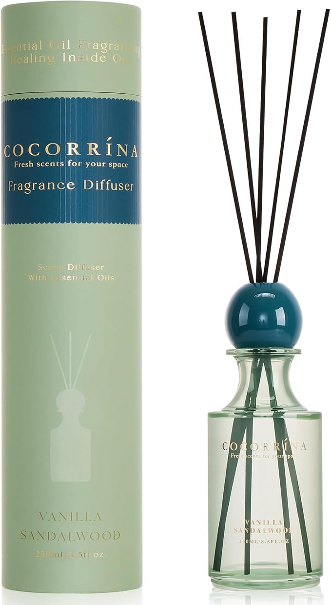 COCORRÍNA Vanilla Sandalwood Reed Diffuser 8.5 oz, Home Fragrance Oil Diffuser with 6 Reed Sticks, Long-Lasting Scent for Bathroom, Bedroom & Home Décor