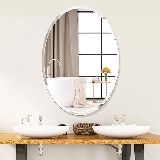 Frameless Oval Bathroom Mirror, 24x36 Inch Beveled Edge Vanity Wall Mirror for Over Sink, Modern Decorative Mirror for Bathroom, Bedroom, Entryway