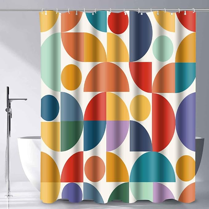 Vintage Colorful Rainbow Mid Century Shower Curtain Modern Abstract Geometric Art Bathroom Curtain Decor 72x84 Inch Washable Fabric Bright Retro Boho Circle Patterned Bath Curtain with 12 Hooks