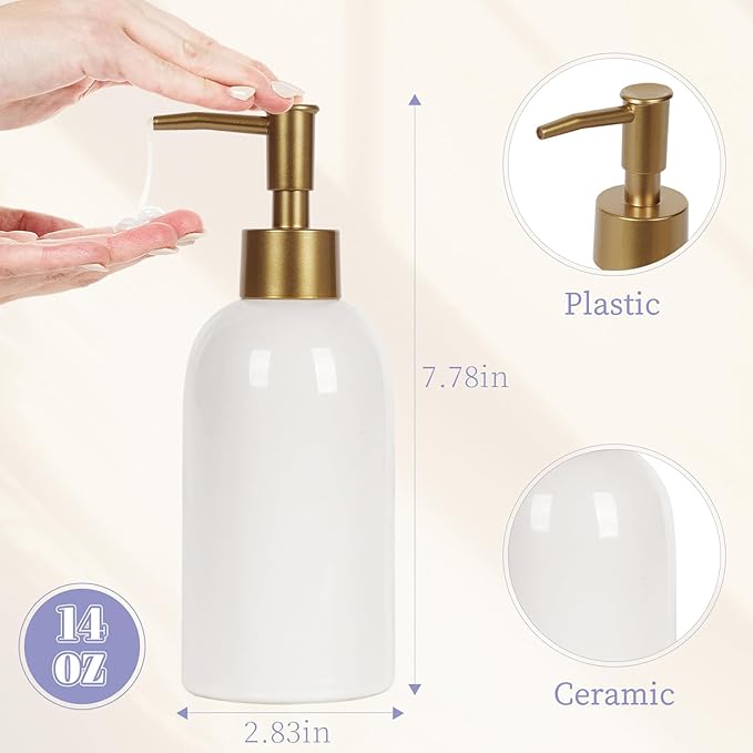 Natheeph 14OZ Ceramic Soap Dispenser Ceramic Soap Pump Dispenser Can Fill Liquid for Bathroom/Kitchen (White)