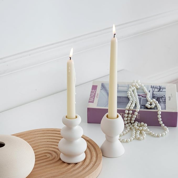 Taper Ceramic Candle Holders, Set of 2 Matte Boho Decorative Candlestick Holders,Table Decor Centerpiece for Home Decor Dinning Wedding Party Aromatherapy Votive (White, Style A)