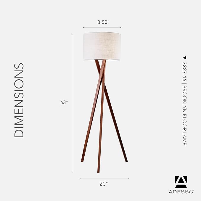 Adesso Floor Lamp with Walnut Tripod Base and White Linen Lampshade – Lamp for Bedroom, Living Room, and House Décor, 63” x 20”