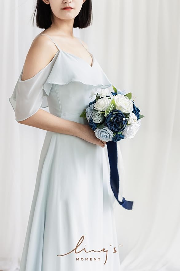 Ling's moment Artificial Flowers Navy Blue Bridesmaid Bouquet, Blue & White Wedding Flowers Bouquets for Bridesmaids, 7 Inch Bridal Bouquets for Bridesmaids, Wedding, Ceremony, Anniversary, etc