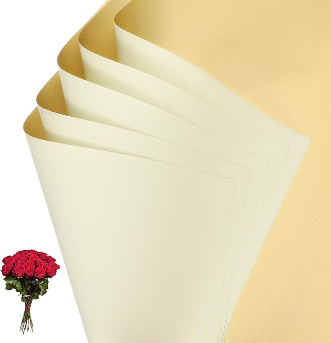 PATIKIL Flower Gift Wrapping Paper, 20 Sheets Double Sided Golden Waterproof Bouquet Paper Wrap Florist Supplies Packaging Floral Papers for Wedding DIY Craft Valentine, Beige/Gold
