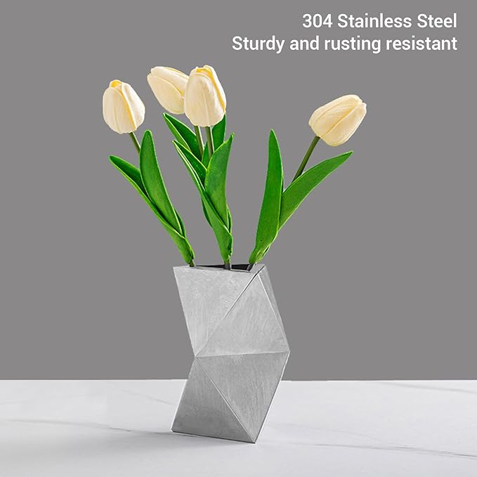 304 Stainless Steel Vase Compact Exquisite Craft Rhombus Design Modern Tabletop Flower Vase for Home Living Room Dinning Room Studio